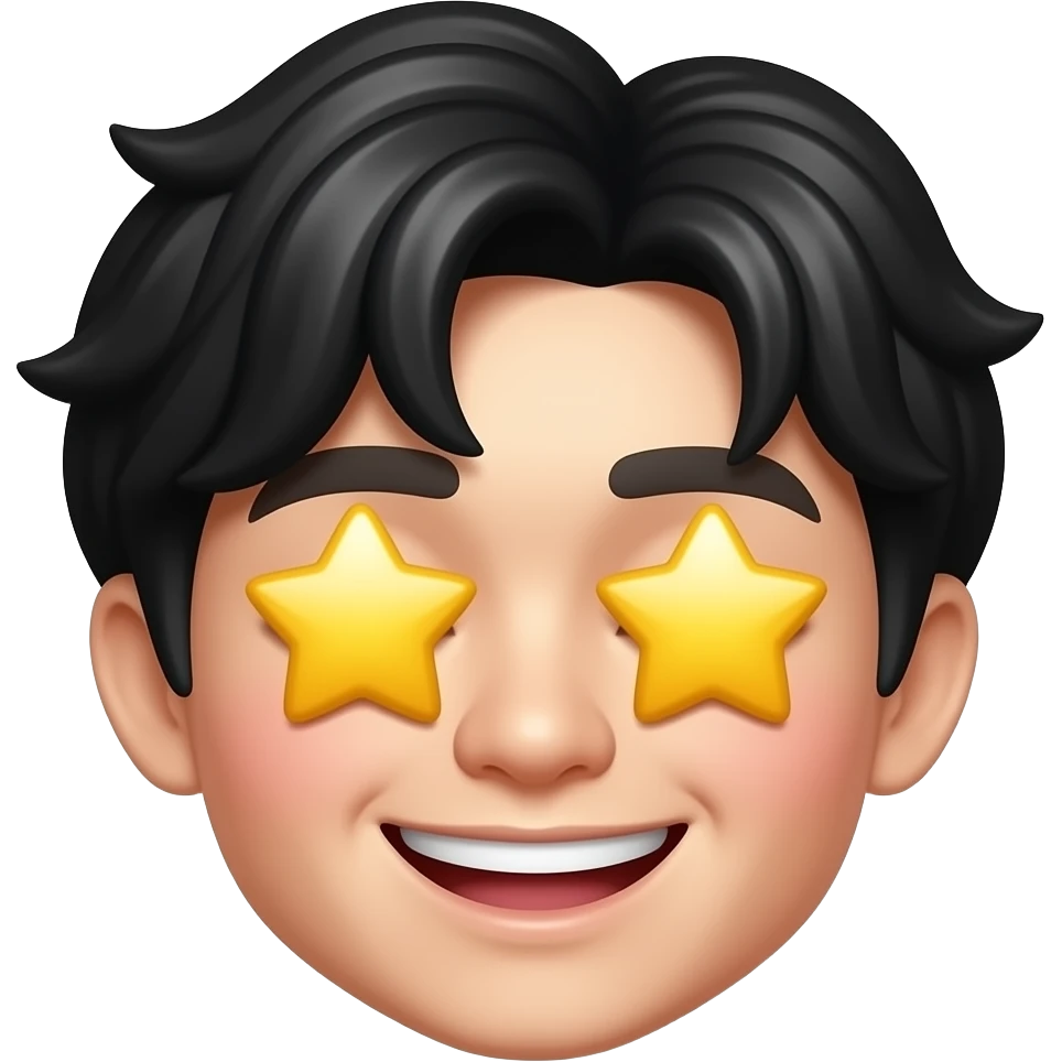 cheerful smile face emoji, big yellow star eyes, Korean boy features, black fluffy wavy bangs, small mole under right eye, high nose, only face emoji