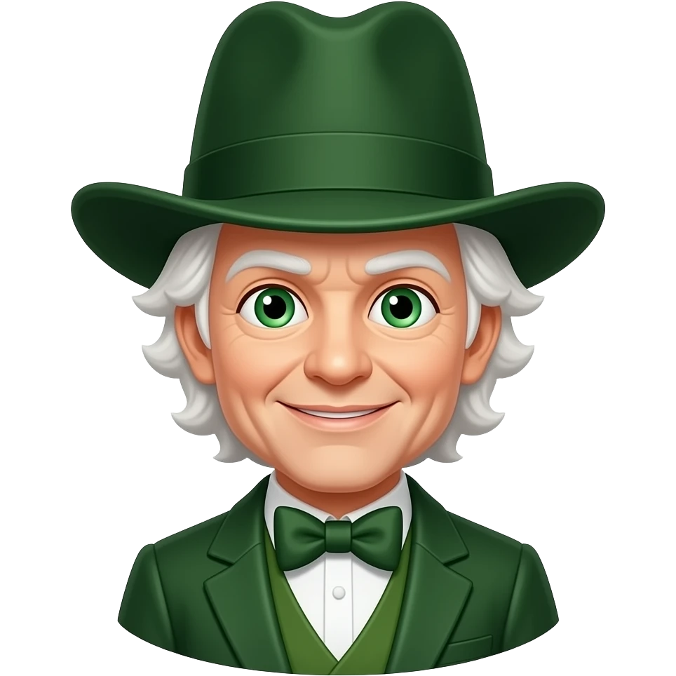 The Wizard from Oz Series with green eyes, white hair, dark green suit with bow tie, dark green hat emoji