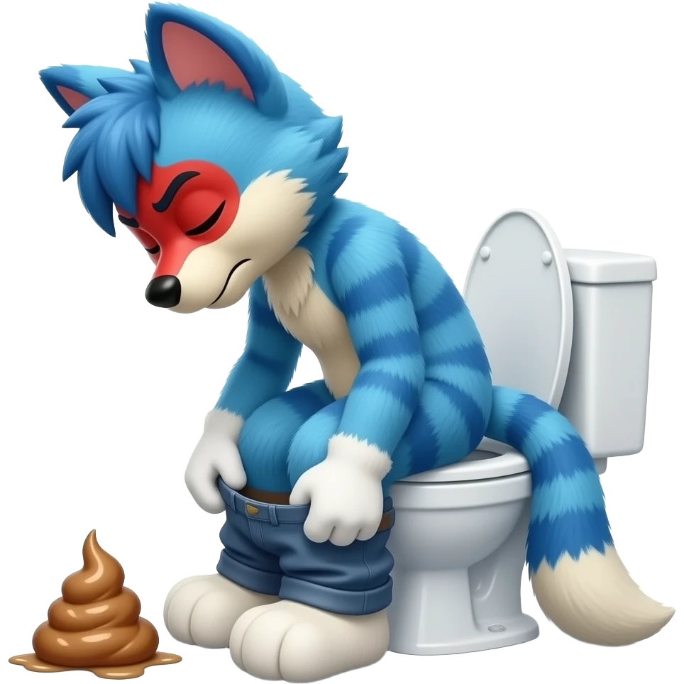 blue fursuit sitting on toilet, side view , pants down, pushing, eyes closed, straining face, red face, sweating, trying to poop emoji