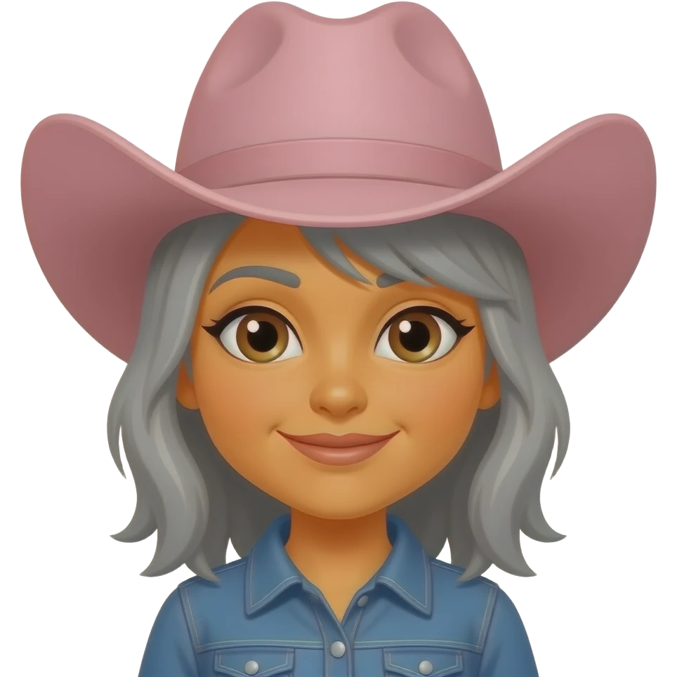 Cowgirl with pink hat orange skin grey hair brown eyes emoji