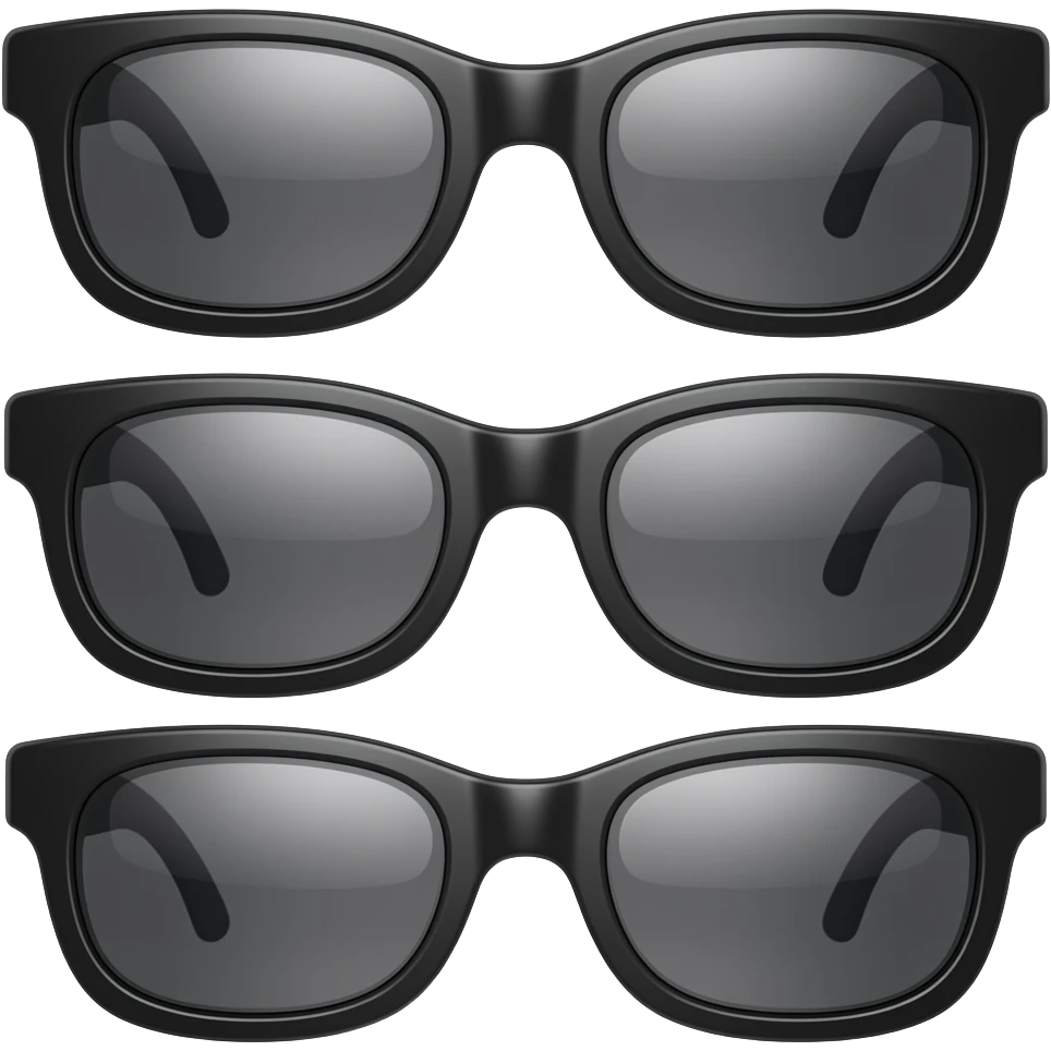 Same sunglasses in every image: glossy black sunglasses, sleek modern shape, premium 3D emoji style, identical design and proportions every time, never worn on the face. emoji