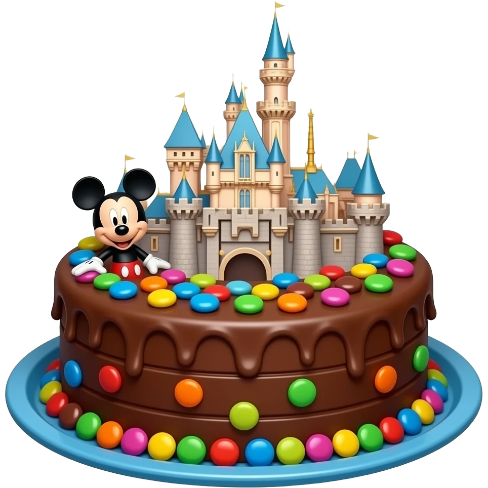 Disneyland castle shape fudge chocolate cake with Mickey Mouse colorful ...