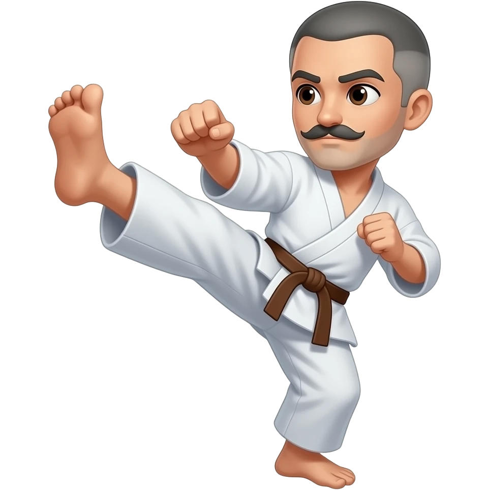 No BEARD,   Very short hair cut gray  with a mustache doing a karate kick and brown eyes and Brown Belt emoji