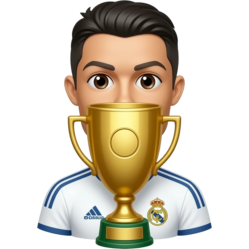 Cristiano Ronaldo emoji avatar, Real Madrid jersey, cute cartoon style. One large identical golden trophy centered in front of the face. emoji