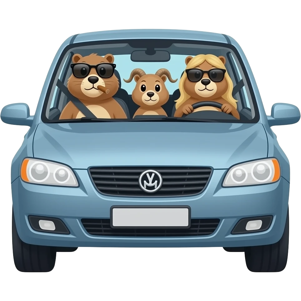 Marmotte au volant de voiture avec cigare et lunette de soleil et une autre marmotte tres fine blonde fashion à côté dans la voiture aussi avec lunette et une petite marmotte avec chevreaux long deriere emoji