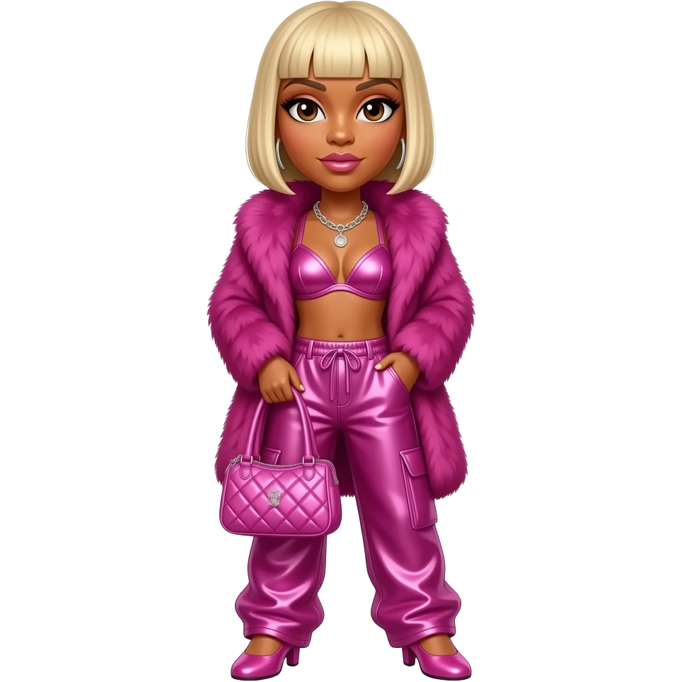 T-Boz from TLC with dark brown eyes, blonde bob straight hair, fuchsia fur shawl, fuchsia metallic bra, fuchsia metallic baggy pants, fuchsia shoes emoji