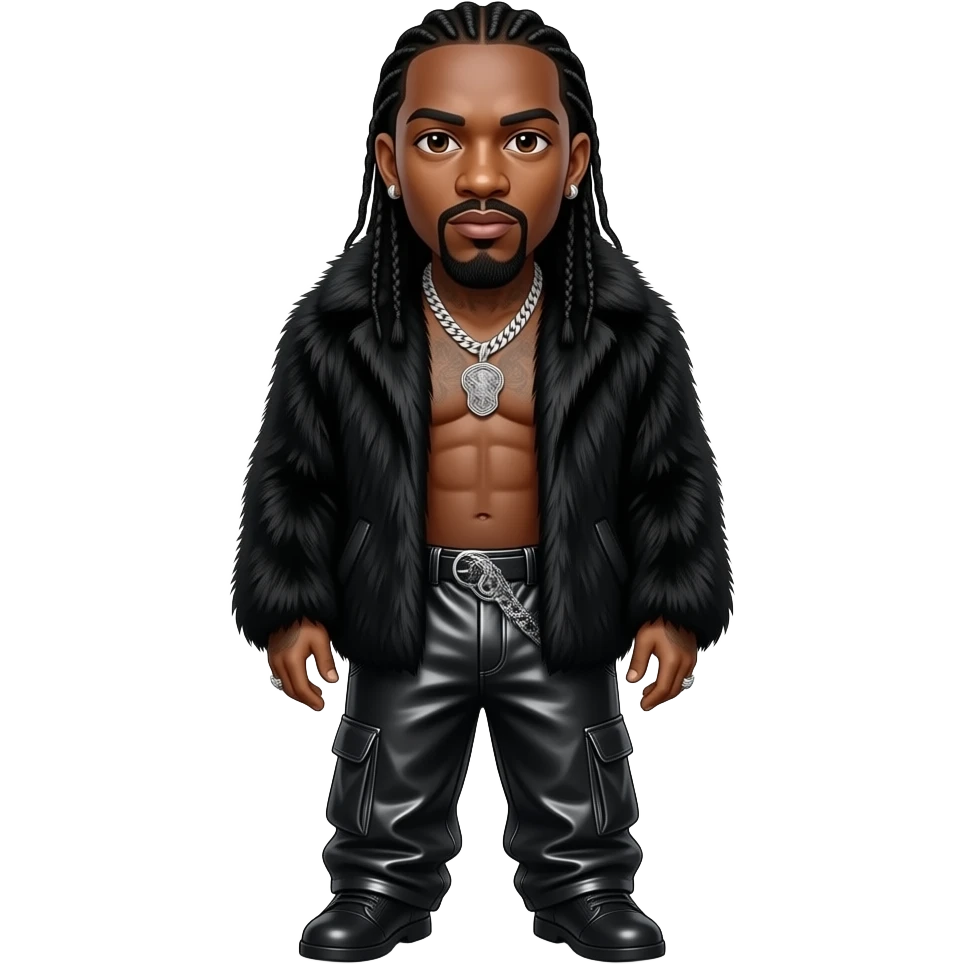 Krayzie Bone from Bone Thugs-N-Harmony with brown eyes, long black hair, black fur shawl, black metallic baggy pants, shirtless with necklace and earrings emoji