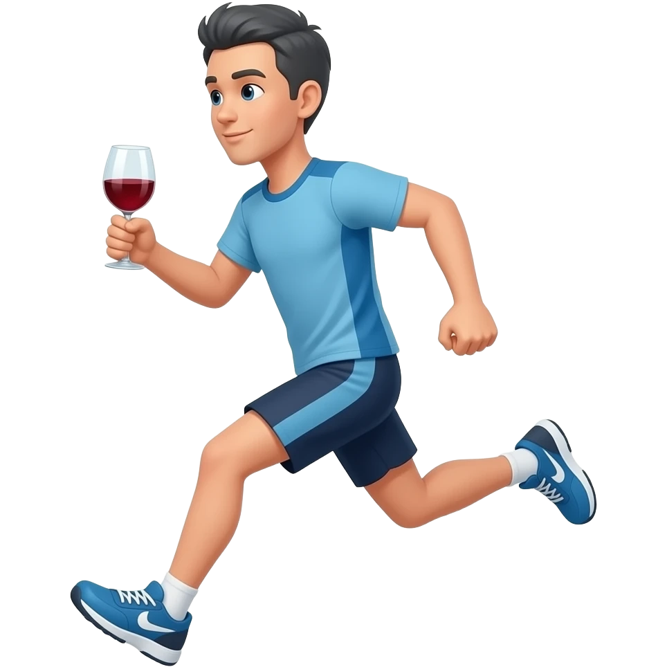 tall skinny guy in running pose wearing sport wear, short dark grey hair, holding a glass of wine emoji