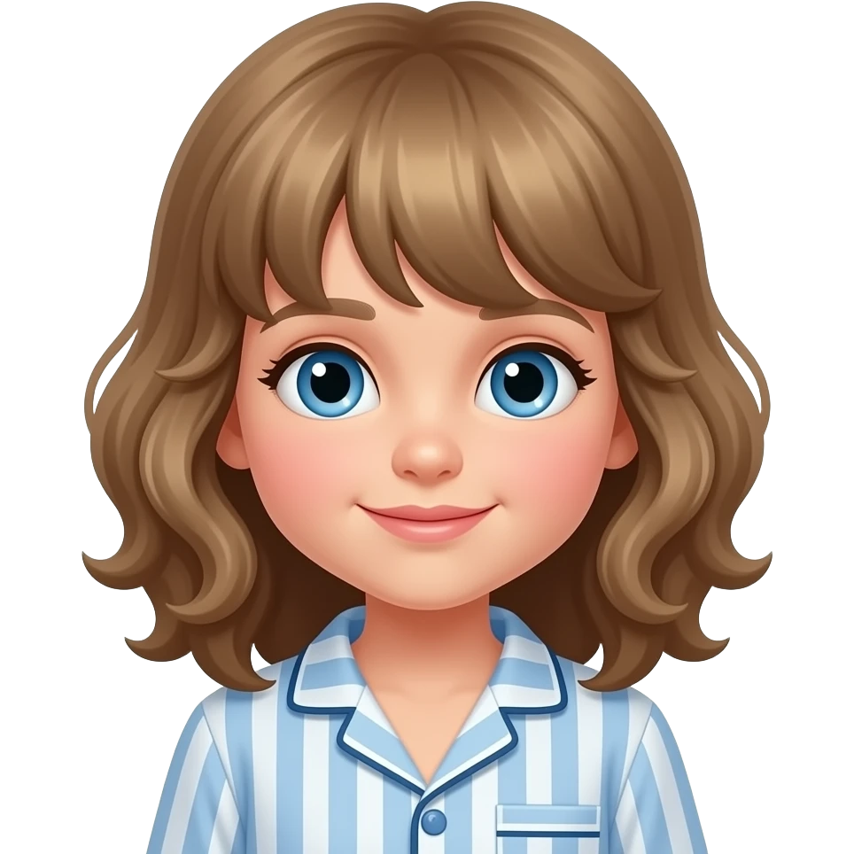 white kid blue eyes mid length with bangs soft curly hair to shoulders in color: middle to little darker blond, in pyjamas emoji