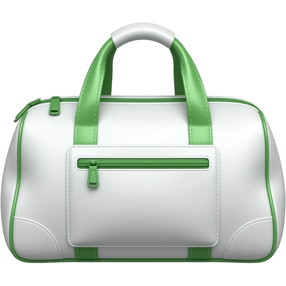 Apple iOS style white sports bag emoji, glossy 3D duffel bag with visible front paddle pocket, green accent details and piping, minimal luxury design, front-facing, smooth shading, ultra detailed, clean background, premium iOS emoji aesthetic emoji