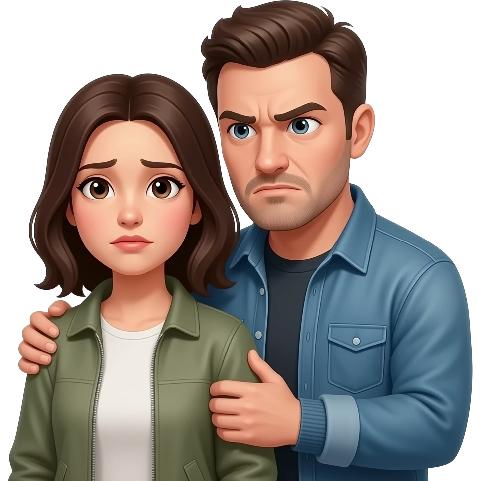 upset defensive guy, suspicious eyes,  peaking on the corner of his eyes, looking someone at the side , back over his shoulder,  protecting poor humble young woman, she has neutral face expression, both wearing street casual clothes emoji