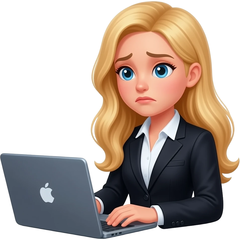 a girl-with long blond hair-working at a laptop-in a black business suit-disappointed because there are no new messages emoji