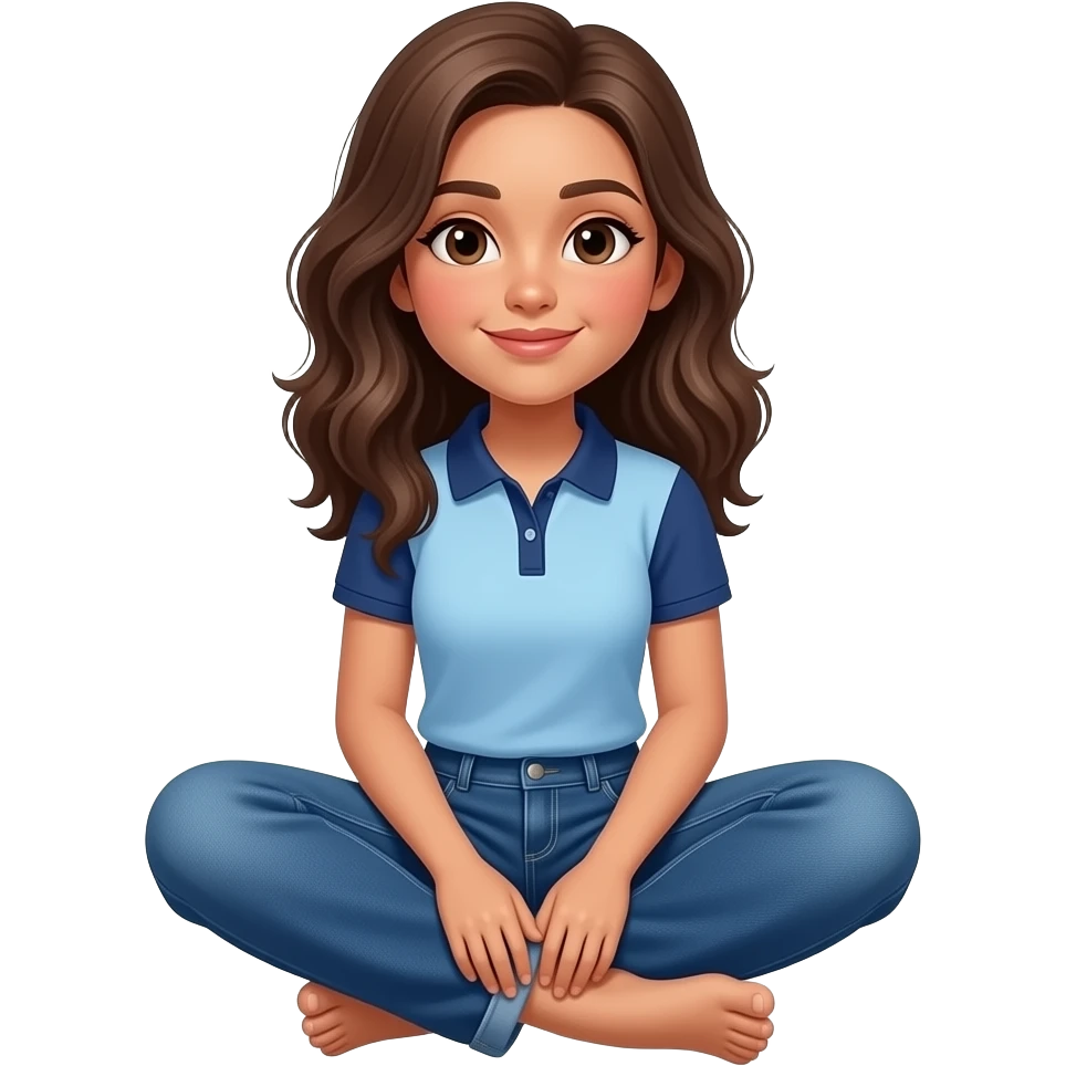 Hispanic girl with brown hair and light blue and dark blue polo and dark blue baggy jeans sitting down showing her bottom feet emoji