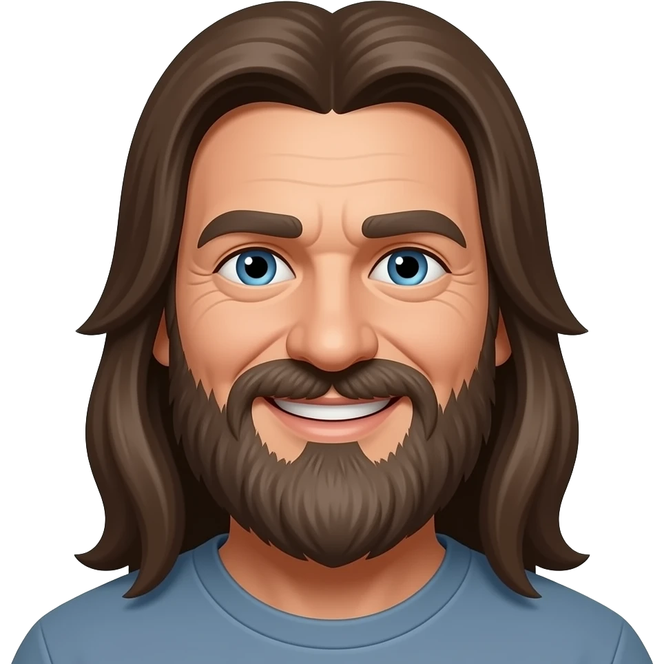 Long brown hair blue eyes long 60 year old big bushy long greyish beard stoner happy with very long hair combed straight back on head emoji