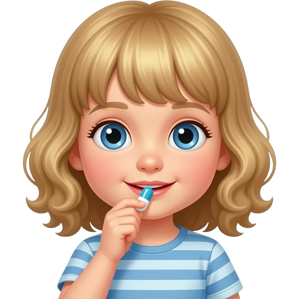 white kid blue eyes mid length with bangs soft curly hair to shoulders in color: middle to little darker blond, eating kids daily vitamin emoji