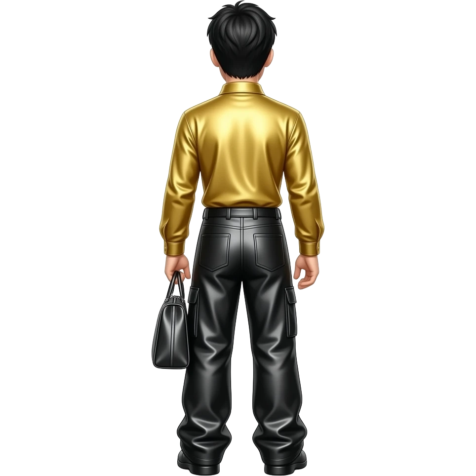 Greg Page from behind with black hair, yellow metallic turtleneck shirt, black metallic baggy pants emoji