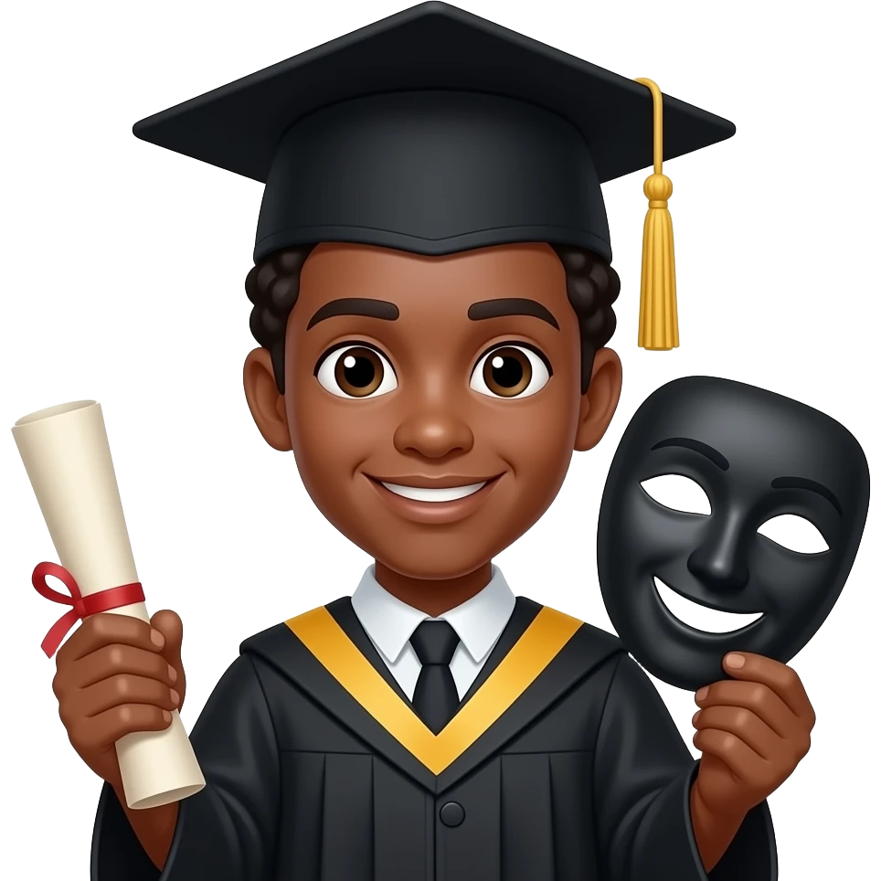 create me an emoji-style png of a black guy student with short black curly hair wearing a classic black graduation cap major, in a style of "theater" major. In one hand hes holding a rolled up graduation paper, and in the other hand holding a item that represents the theater major emoji