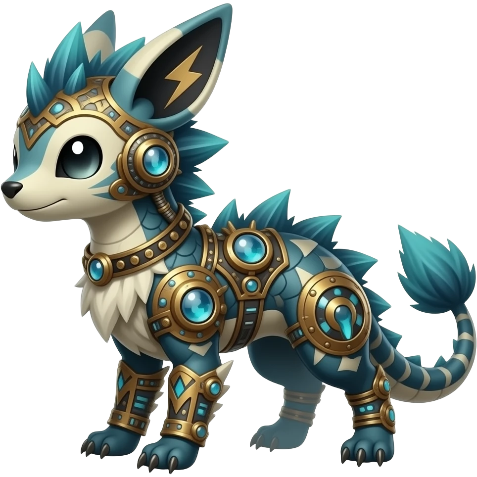 scaly fuzzy finned frilled spunky gothic Realistic tall slim unique original shiny edgy cool steampunk-cyberpunk-solarpunk-fantasy-Absol-Sprigatito-Vaporeon-Manectric-Mudkip-Fakémon-hybrid with tribal chevron heart floral lightning bolt strikes damask paisley markings emoji