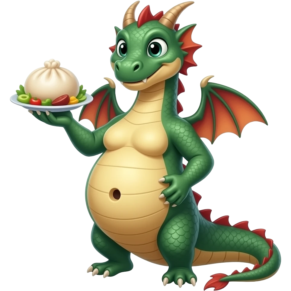 A female eastern dragon,enjoyed a great buffet,now she pretends she has a twin baby bump,she sticks out her big full stomach,she is just perfect pointing cutely at her food baby,it is a guessing game with her bun in the oven,but she knows she is just fat,her bellybutton makes agreement with clues. emoji