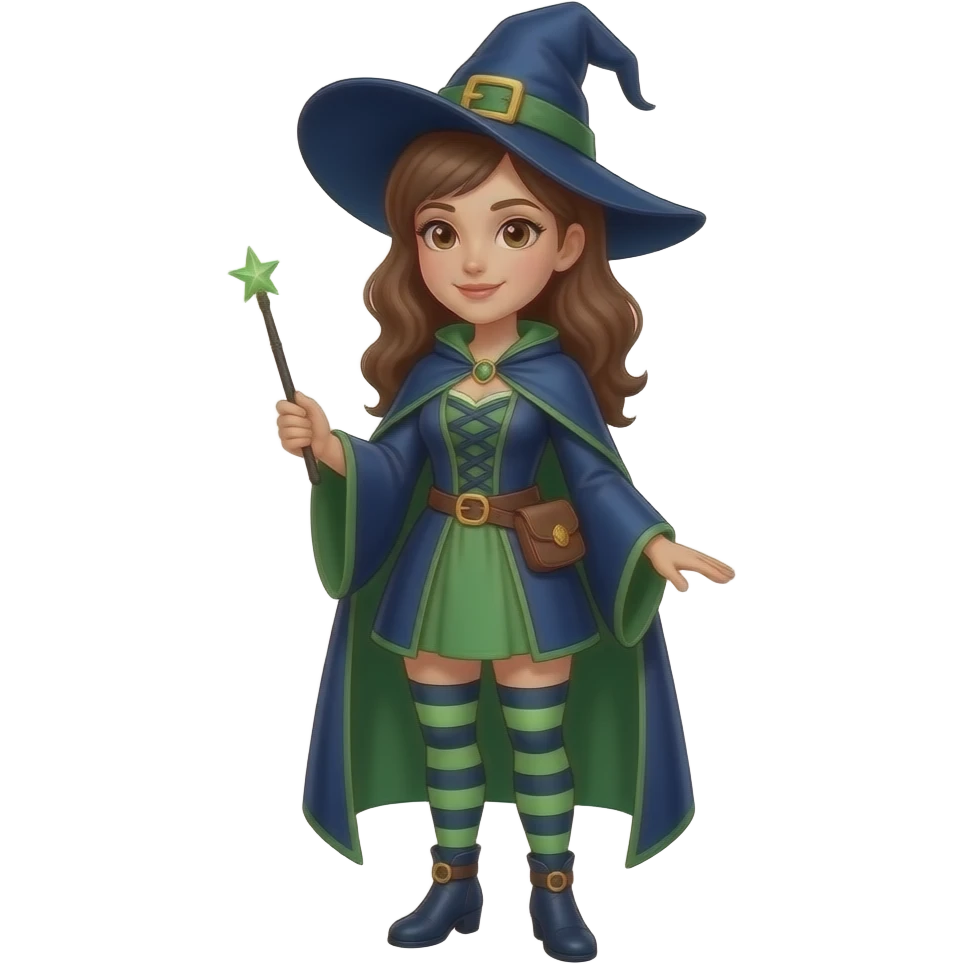 A full body White/Fair skinned woman with brown hair and brown eyes and wearing a Blue and green Witch outfit and holding a black wand. emoji