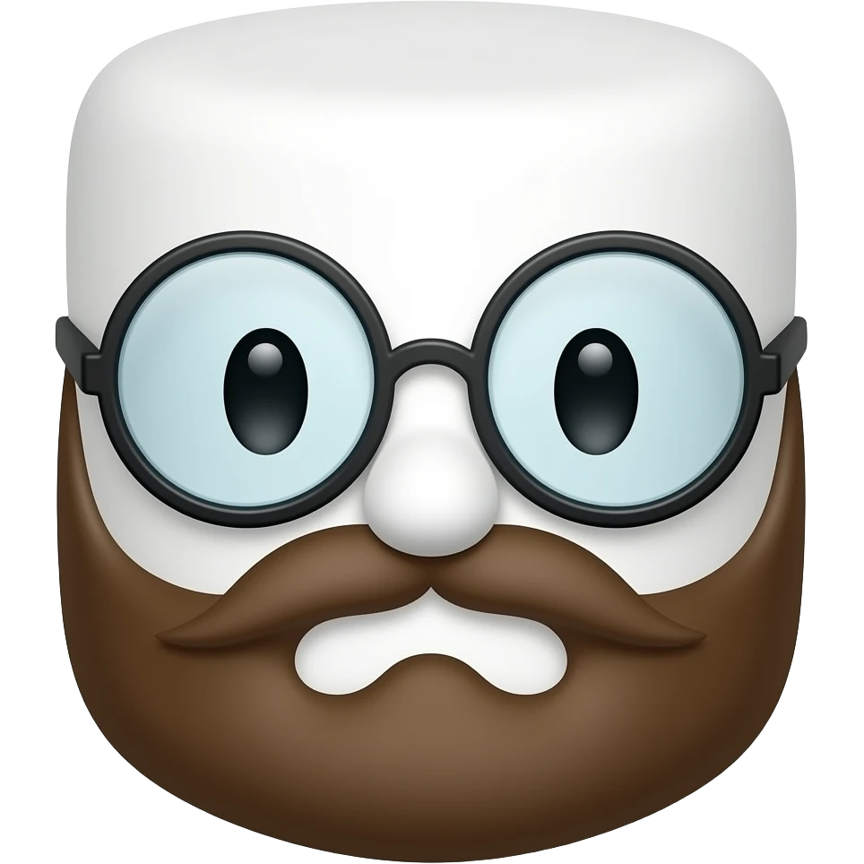 Generate an emoji of a marshmallow with glasses and a brown beard, no nose or ears emoji