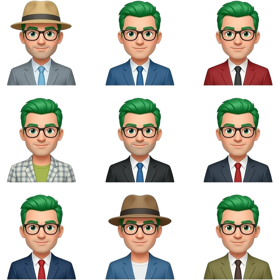 Green hair man in different outfit with glass emoji