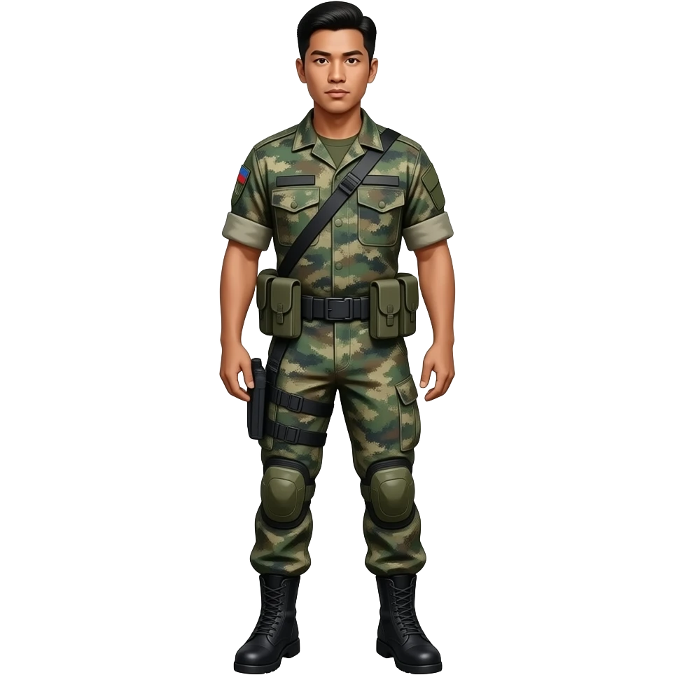 Filipino man battle dress uniform 1990s black combat boots without plate carrier and without bandolier emoji