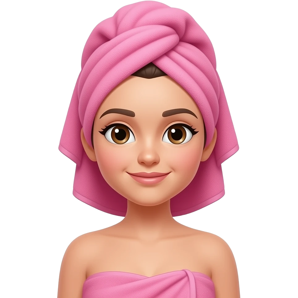 Clean girl influencer character, chest-up portrait, wearing a pink towel wrapped around the head emoji
