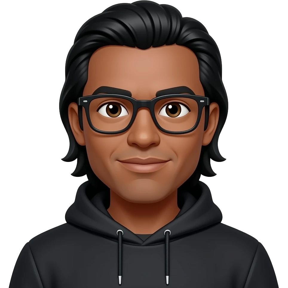 tan skin guy, black middle part long hair, black frame glasses, black hoodie emoji
