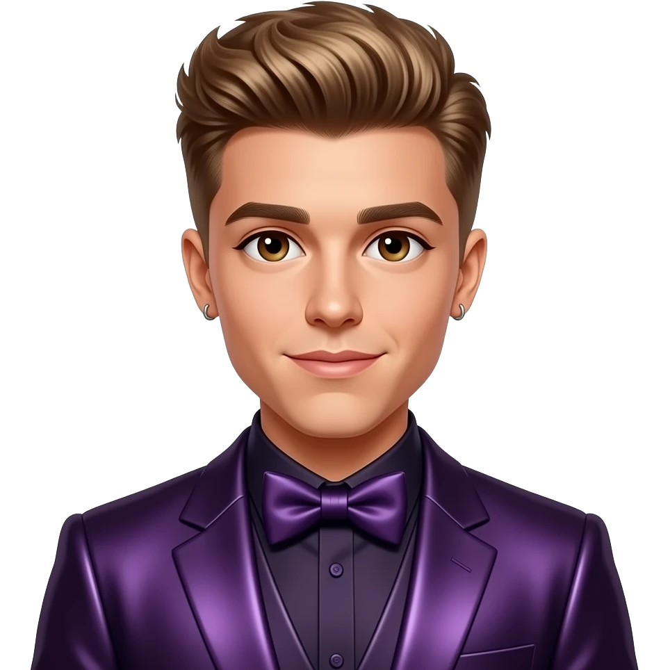 Justin Bieber with brown eyes, golden brown hair, dark purple metallic suit with bow tie, short earrings emoji