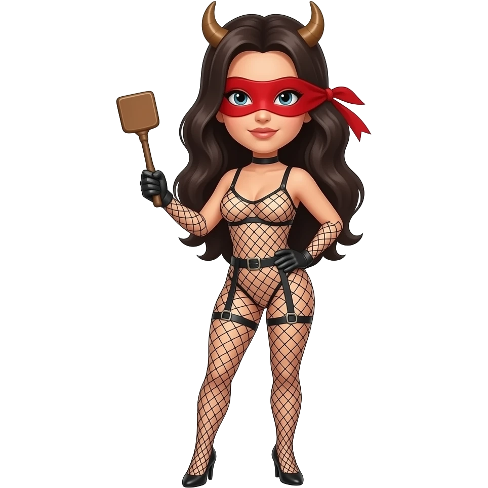 Woman with long dark hair, wearing a fishnet bull body suit,  holding a leather paddle in one hand and a red blindfold in the other hand, (fullbody) emoji