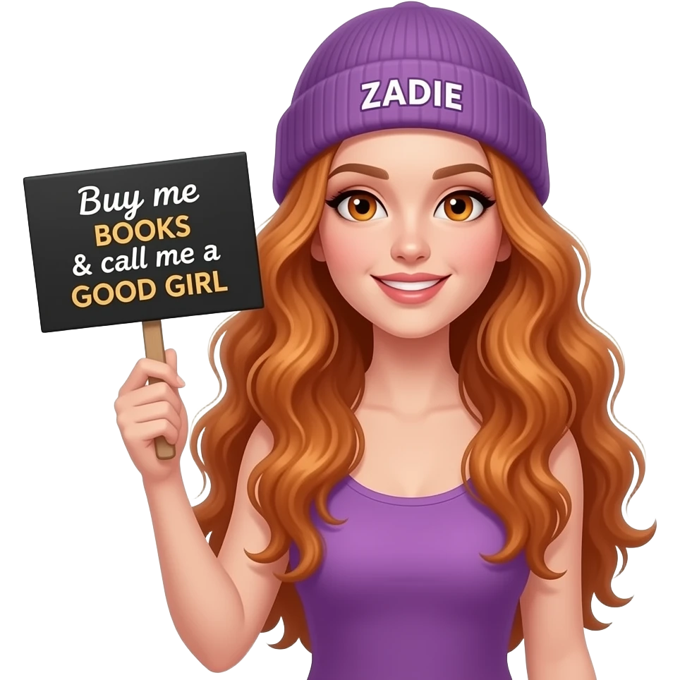 sexy girl with overlong wavy ginger hair and ginger eyes wearing a purple tanktop and a purple beanie with ZADIE written on it, is holding a black sign with Buy me BOOKS & call me a GOOD GIRL written on it emoji