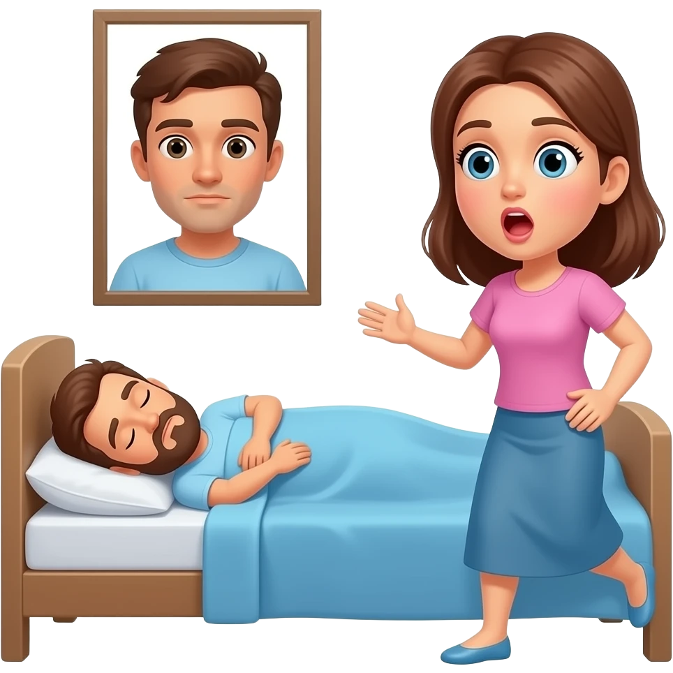 woman shocked walking up to man husband sleeping in bednext to woman emoji