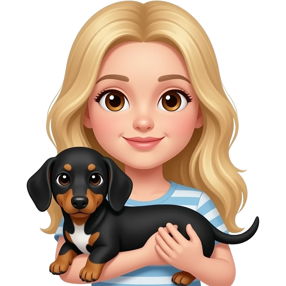 mujer de 20 años rubia, de piel normal a blanca con ojos cafes cargando a su perrito salchicha negro que tiene una manchita blanca eñ su pecho emoji