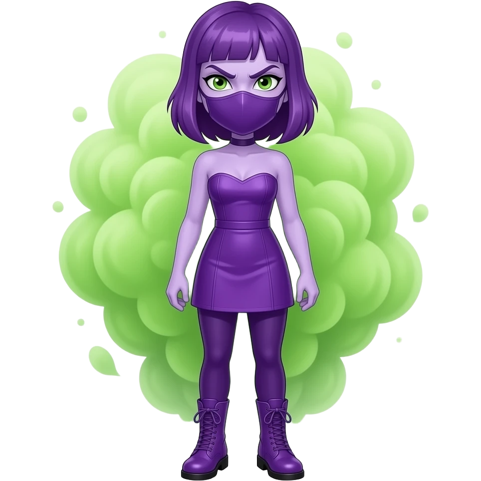 angry woman with lilac skin, lime green eyes, purple hair, a thin, purple face mask, a purple strapless dress with leggings and purple boots, surrounded by lime green smoke emoji