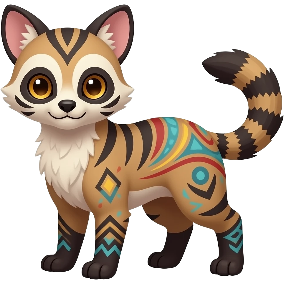 Colorful Civet-Trico-Sprigatito-Fennekin-Manectric-Vaporeon-Fakémon-hybrid with tribal markings emoji