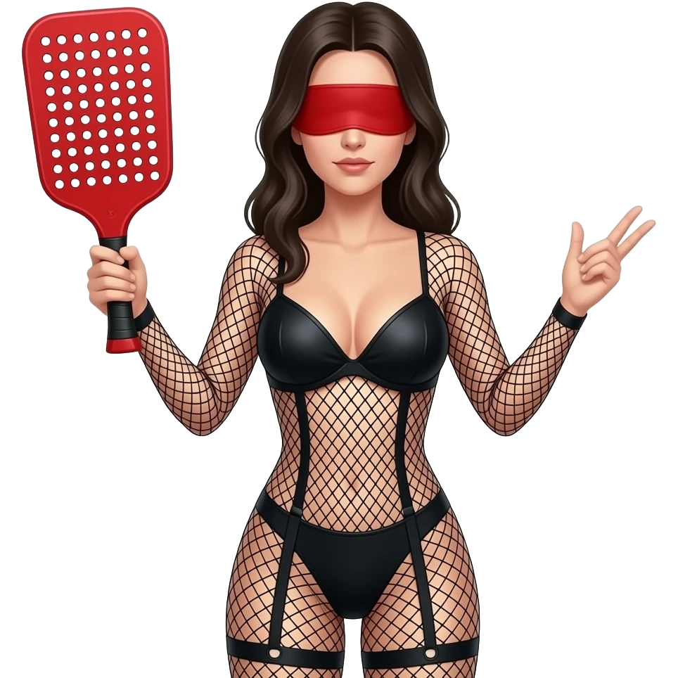 Woman with long dark hair, wearing a fishnet bull body suit,  holding a red  paddle in one hand, holding  a red blindfold in the other hand, (fullbody), highly detailed, hyper real, no mask, no face coverings emoji