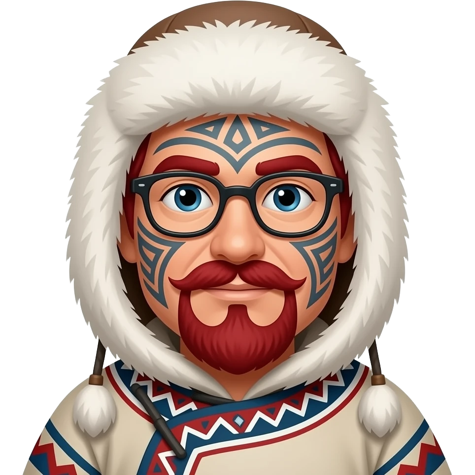 eskimo man with face tattooes, red mustache and hair, glassess and classic eskimo outfit with hat, just face emoji