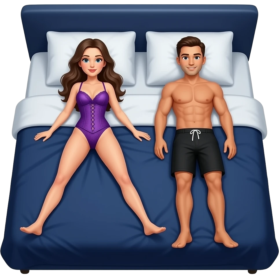 woman, in lacy purple corset, laying legs apart, on navy blue king size bed, with man laying beside her with black shorts on emoji