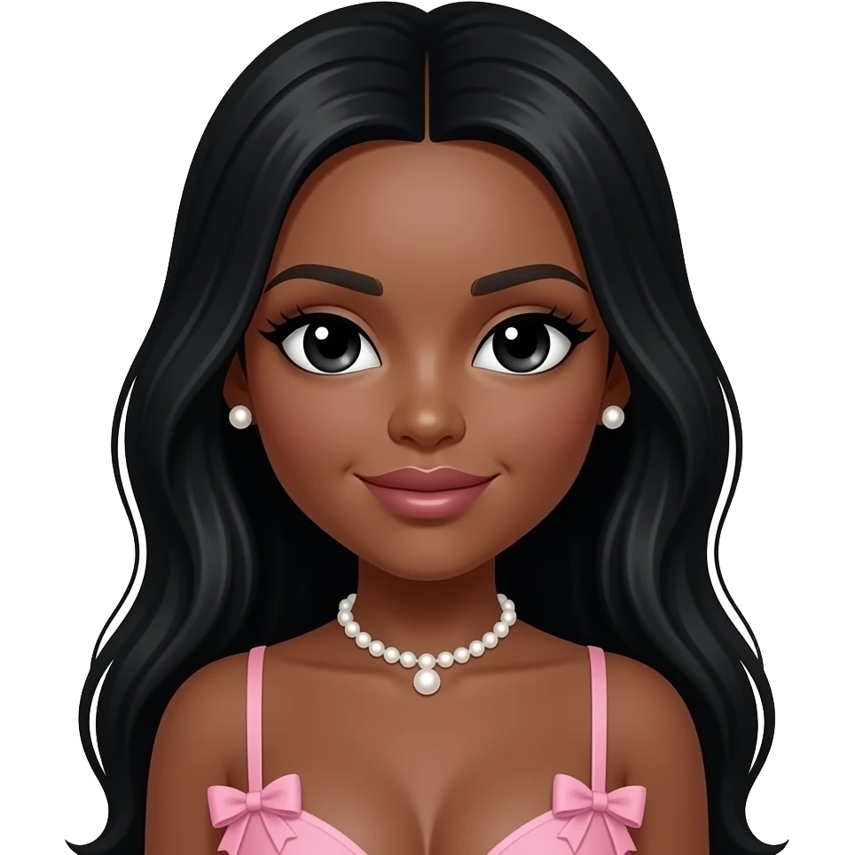 Pearl choker, Pearl earrings studs, doll eyes, Doll, big chest, dark brown skin, with middle part long black hair, black cute eyes, pink bows with cute lip, without no bra emoji