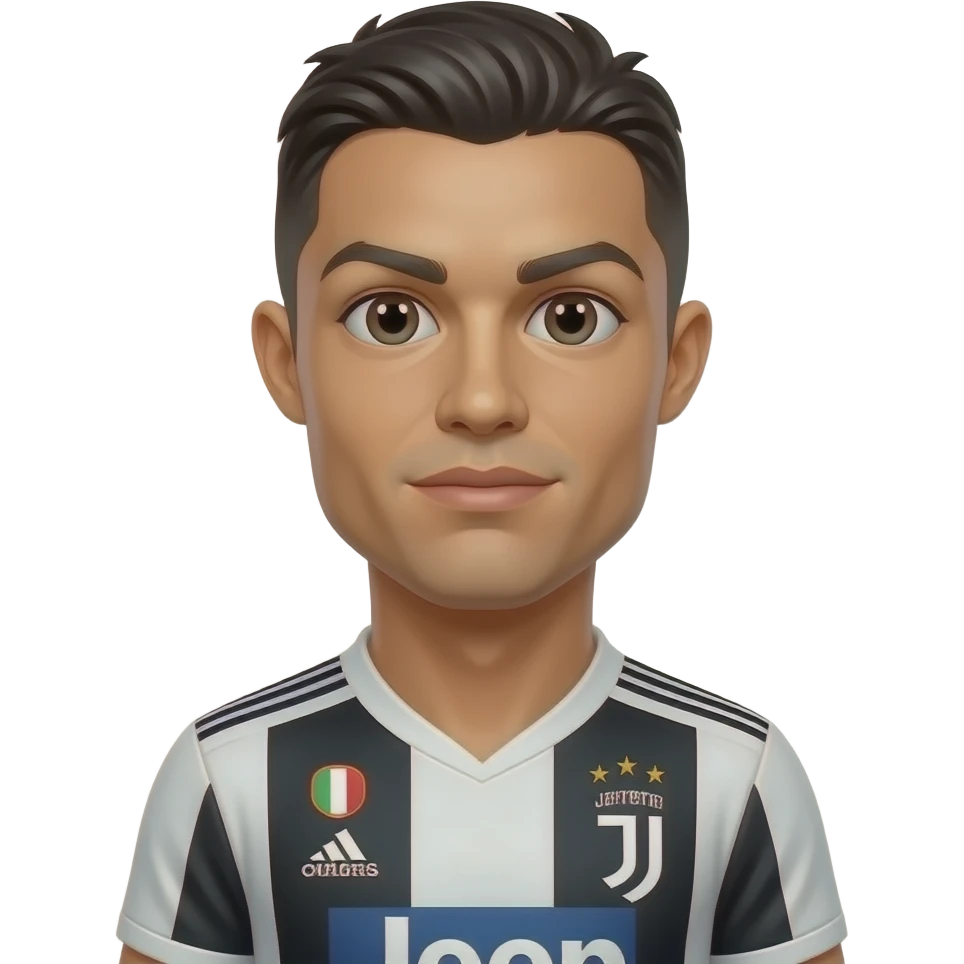 Cristiano Ronaldo emoji, Juventus jersey, normal face with no extra eye, bright 3D cartoon style. emoji
