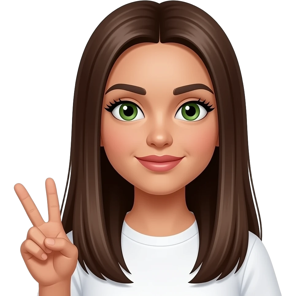 super long brown  middle part straight haired , tan girl with green eyes long spiky lashes and big plump lips small button nose, and has a very cute round face and is a latina, from her chest up with a simplewhite shirt, has very straight eyebrows , soft feminine features, is doing a peace sign, emoji