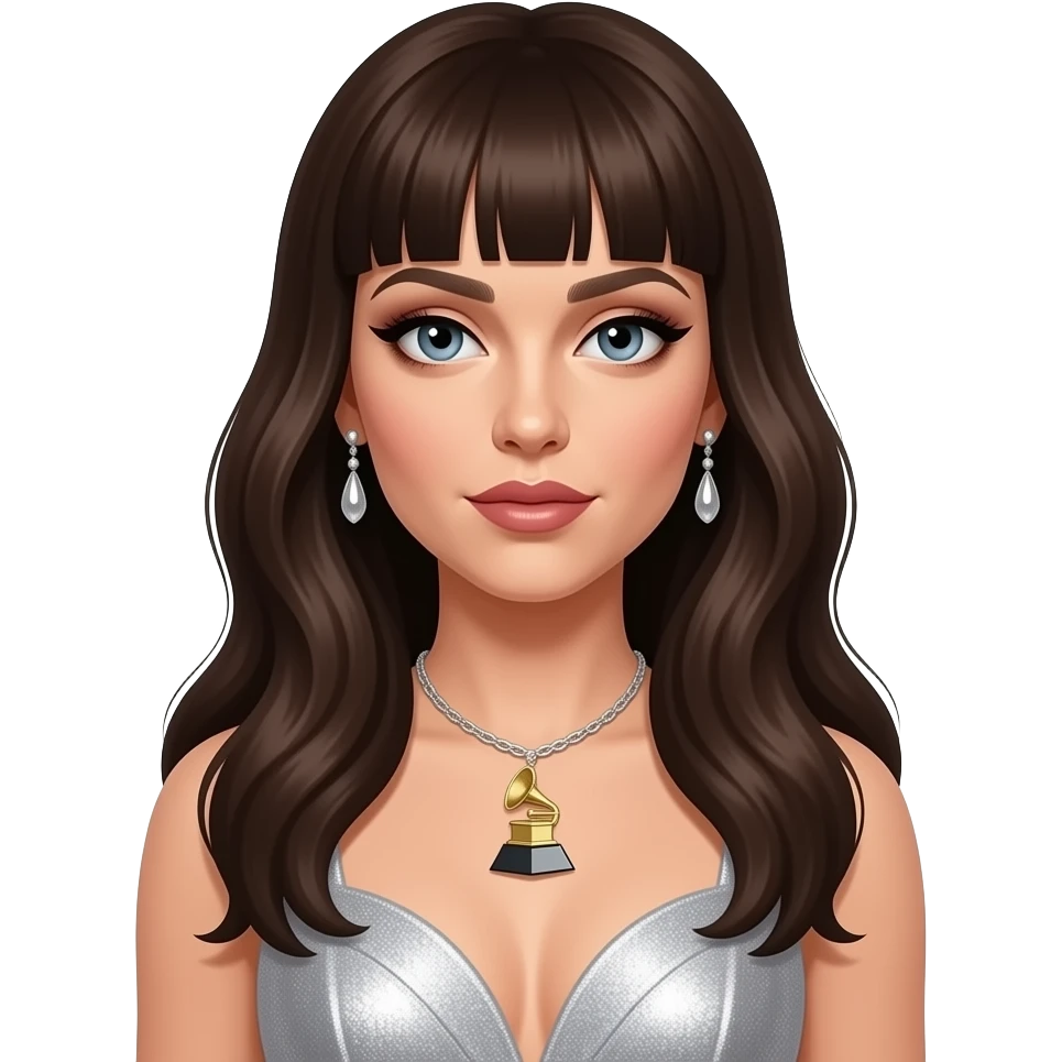 Lady Gaga with long dark brown hair with bang, silver grammy dress, necklace and earrings emoji
