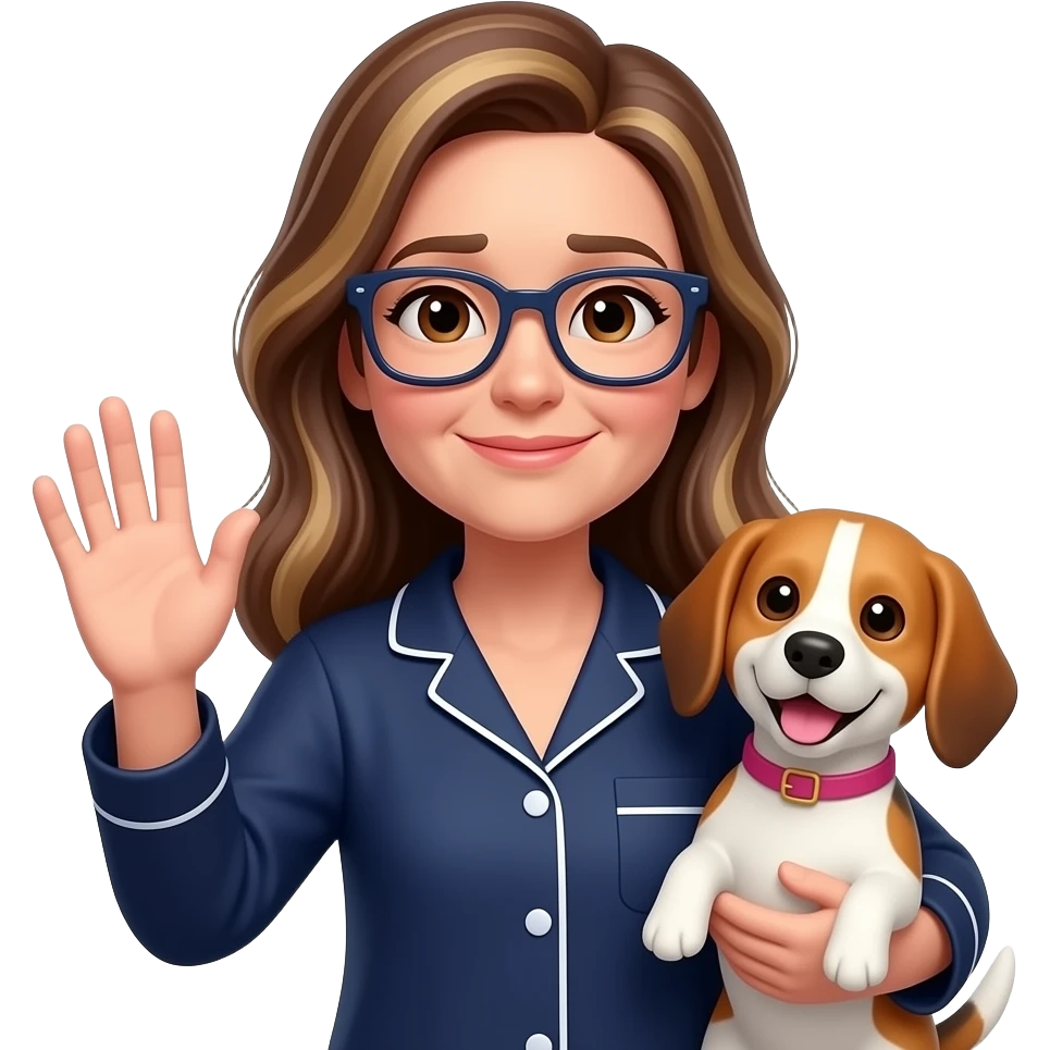 50-year-old drowsy woman with dark brown eyes,  long brown balayage hair, parted on the left, with pale skin, with dark navy rectangular glasses, holding a beagle that looks happy. She is wearing a navy pajamas. The beagle has a pink collar. The woman is waving goodbye. Translucent background emoji