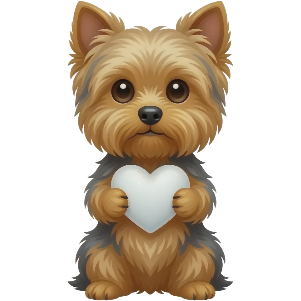The Yorkshire Terrier holds a white heart in its paws emoji