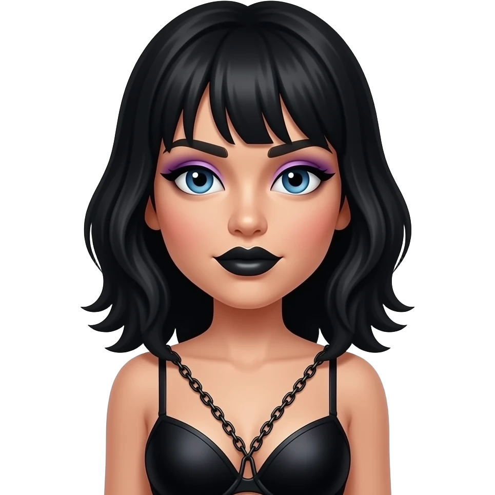 Woman with black hair and  blue eyes and black lipstick and purple eye shadow wearing a black bra and chains that form V in the middle of the bra emoji