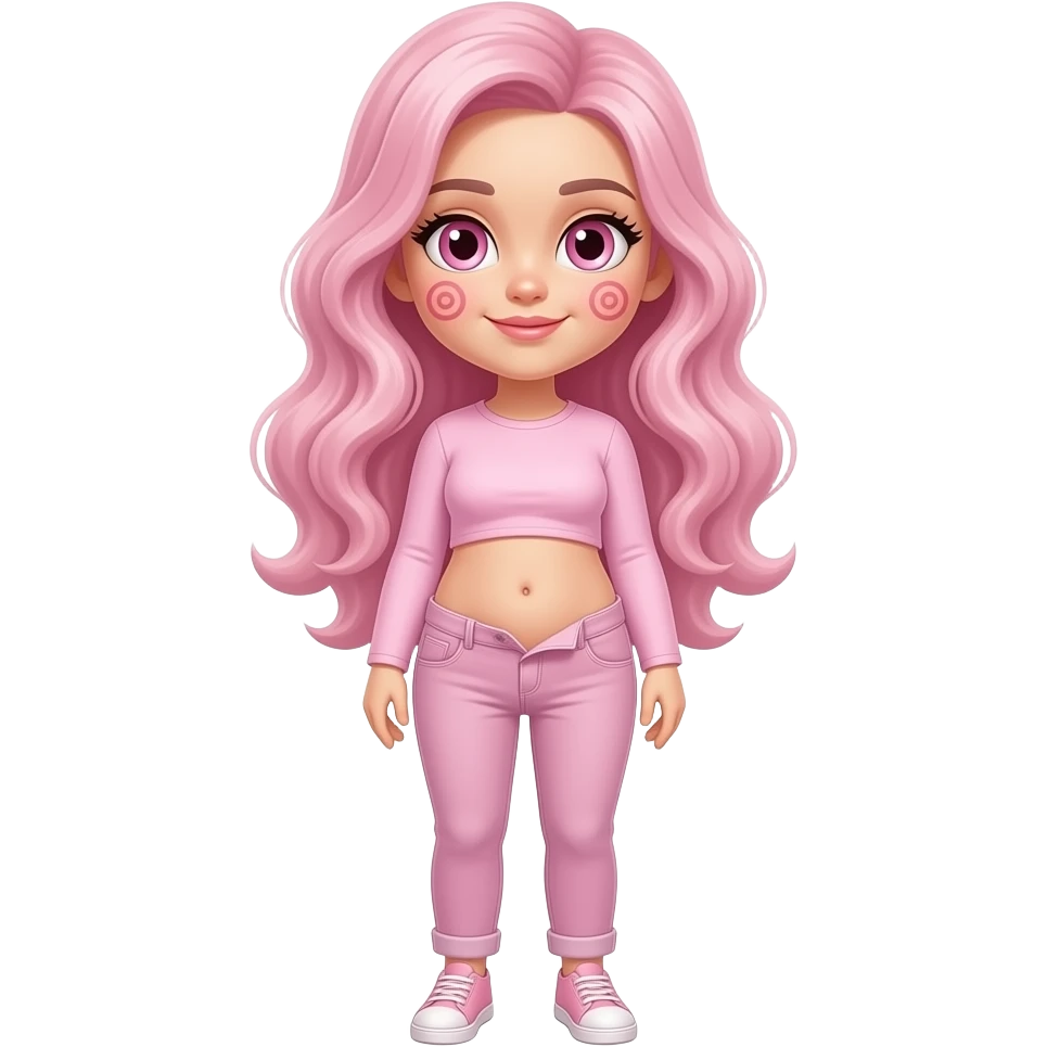 White fat girl pink eyes light pink swirly long hair pink swirl cheeks light pink plain long sleeve shirt light pink jeans light pink shoes lifting shirt showing fat belly button emoji