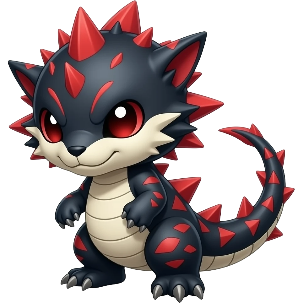 Cute cool black red white animal hybrid-Digimon-Fakemon full body, detailed, spiky, scaly, edgy emoji