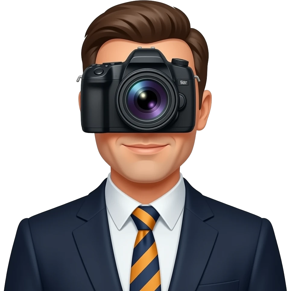 wearing suit man but his head is a camera emoji