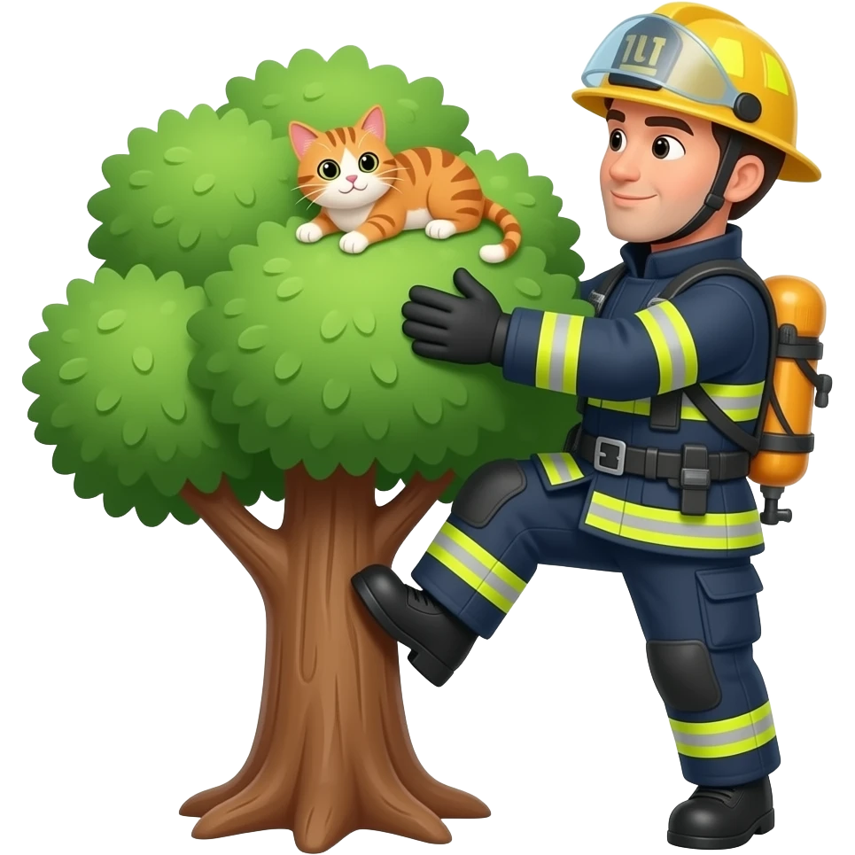 fire fighter hero saving cat from treecrown emoji